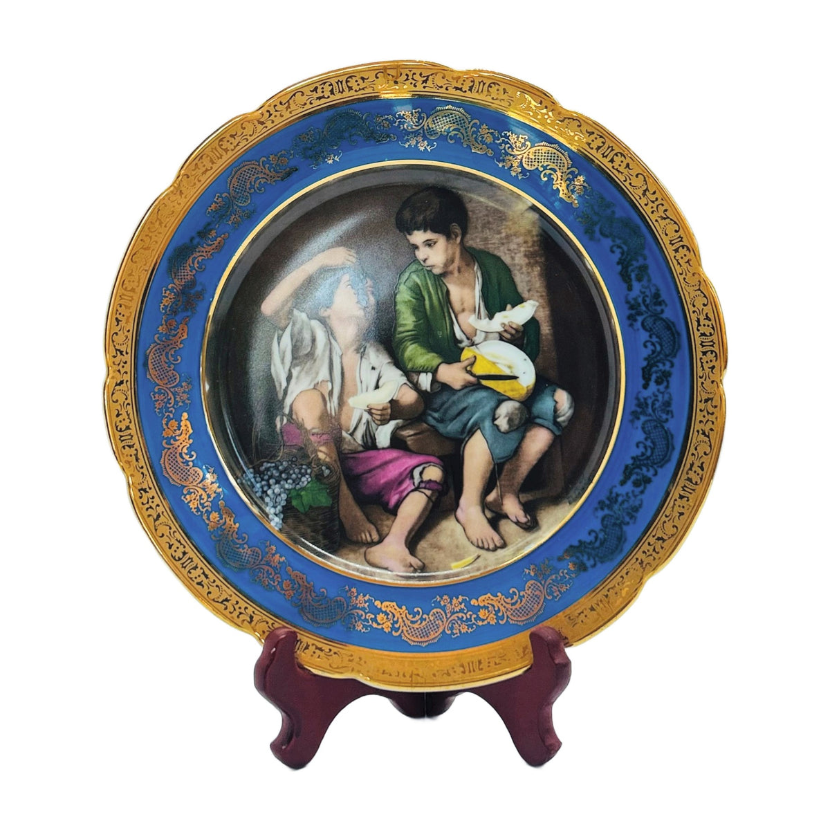 Porcelain Cabinet Plate After Murillo 'The Grape & Melon Eaters' – Cobalt & Gold Rim