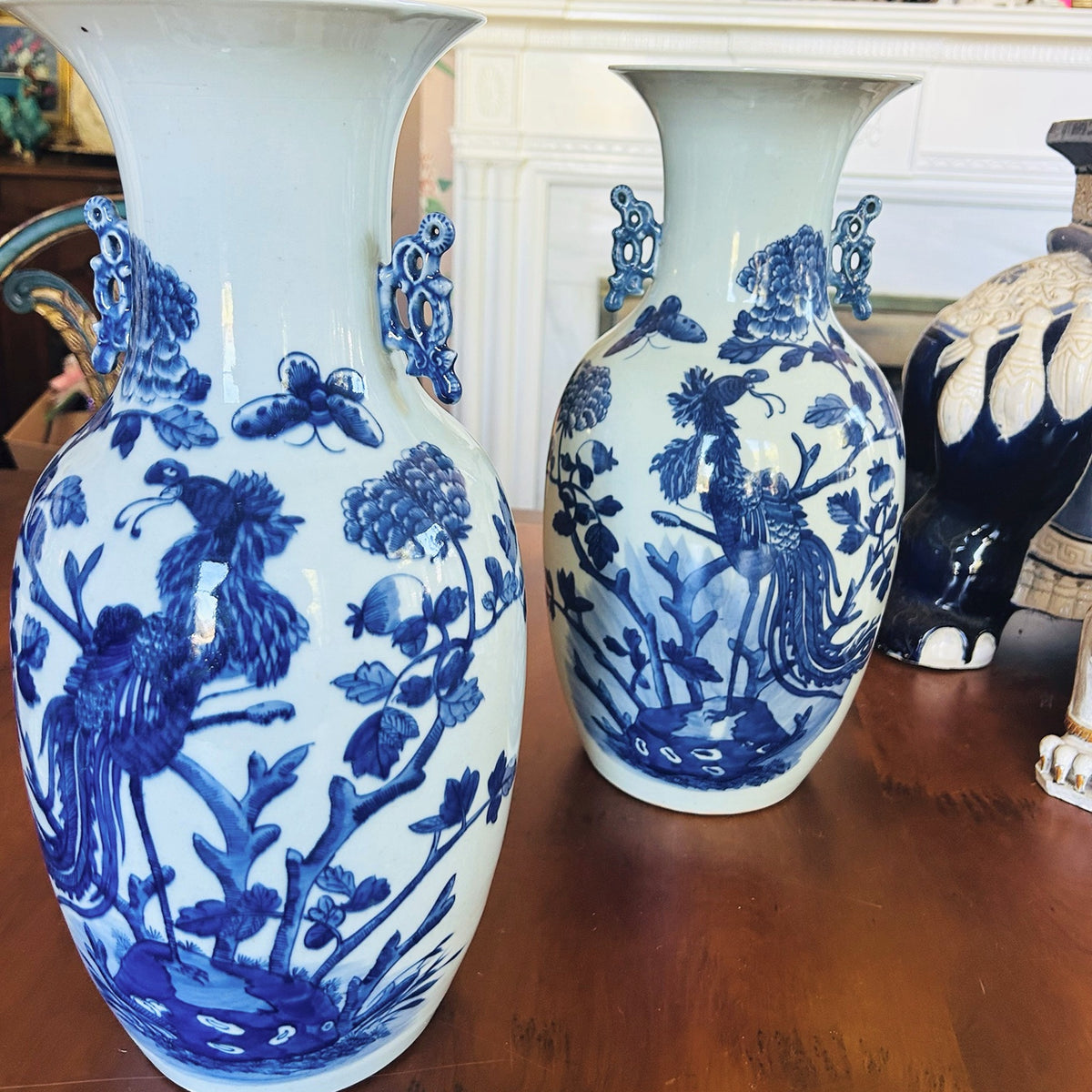 H51 - Chinese Blue and White Porcelain Vases – Phoenix, Peony & Butterfly Baluster Vases (Pair Available - Priced Each)