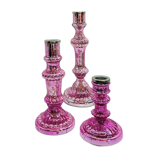 Pink Mercury Glass Candlesticks – Set of 3 Graduated Taper Candle Holders