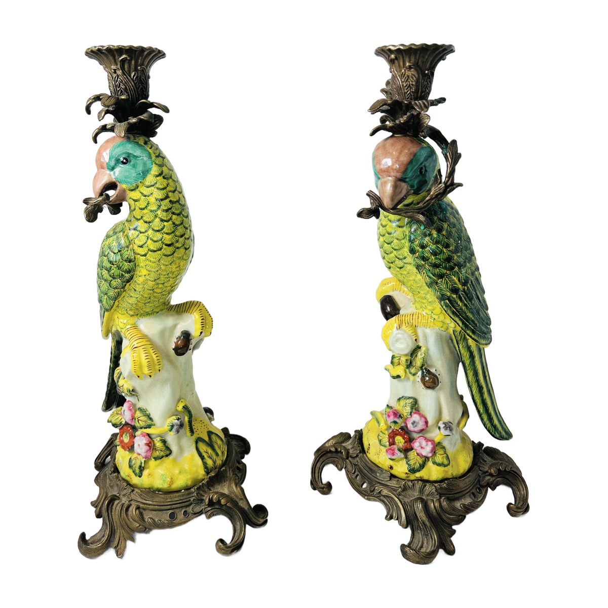 H3 - Pair of Porcelain & Bronze Parrot Candlesticks – Hollywood Regency Candle Holders