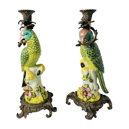 H3 - Pair of Porcelain & Bronze Parrot Candlesticks – Hollywood Regency Candle Holders