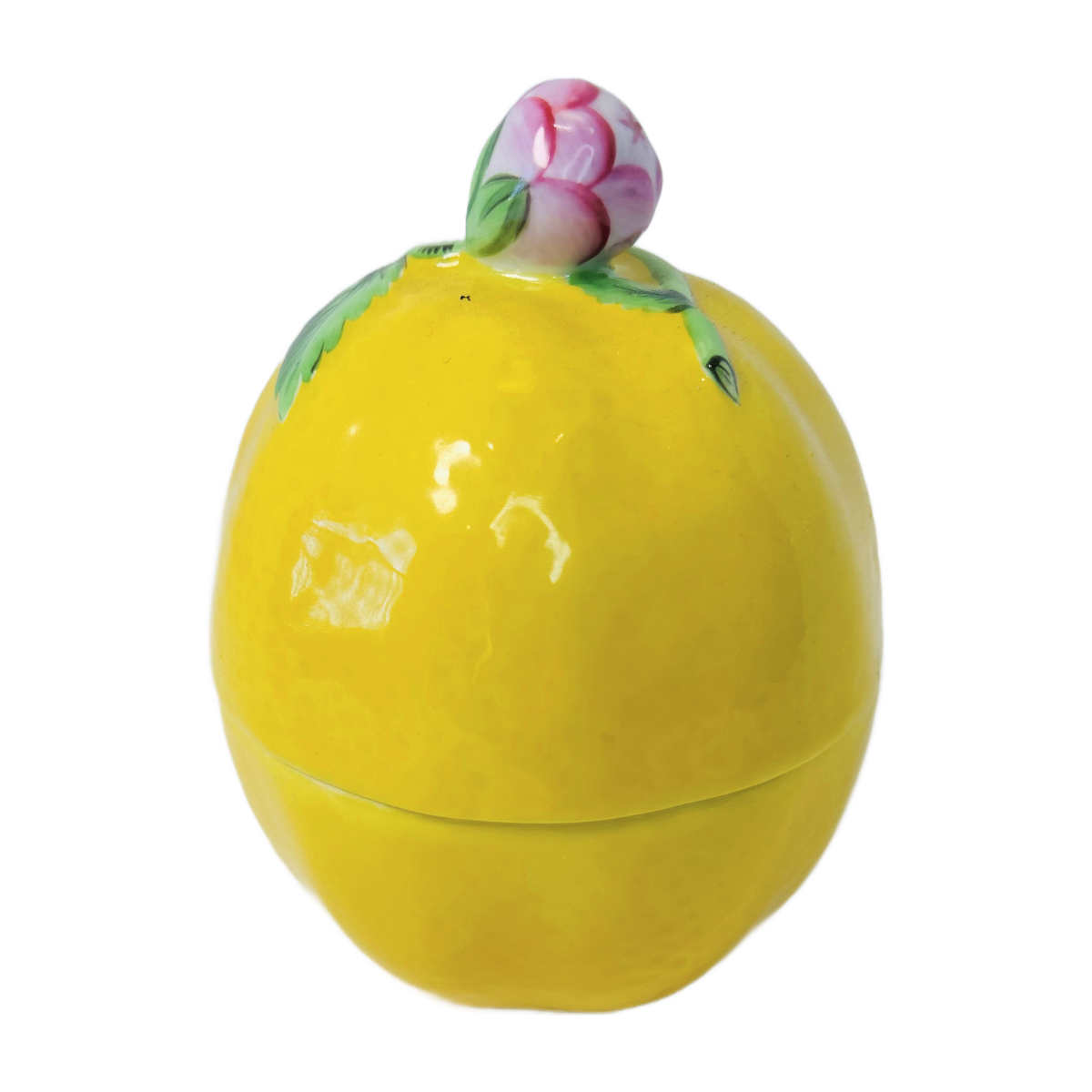 H6 - Porcelain Lemon Box with Pink Rose Finial – Hand-Painted Figural Trinket Box