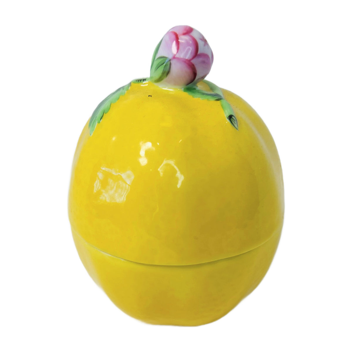 H6 - Porcelain Lemon Box with Pink Rose Finial – Hand-Painted Figural Trinket Box