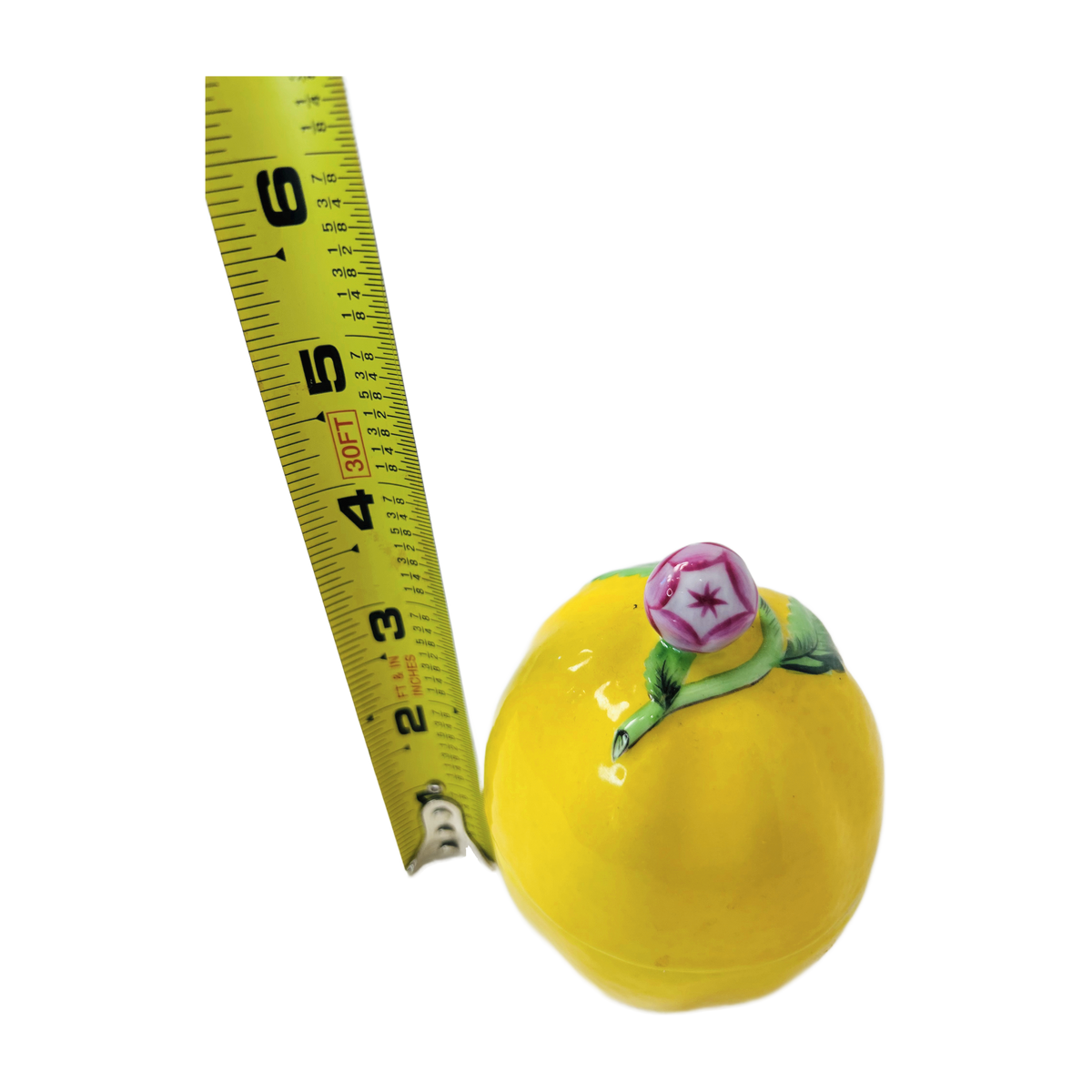 H6 - Porcelain Lemon Box with Pink Rose Finial – Hand-Painted Figural Trinket Box