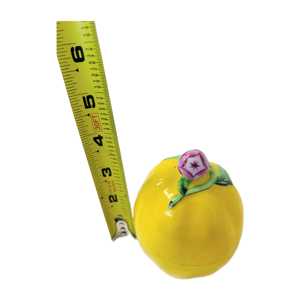 H6 - Porcelain Lemon Box with Pink Rose Finial – Hand-Painted Figural Trinket Box