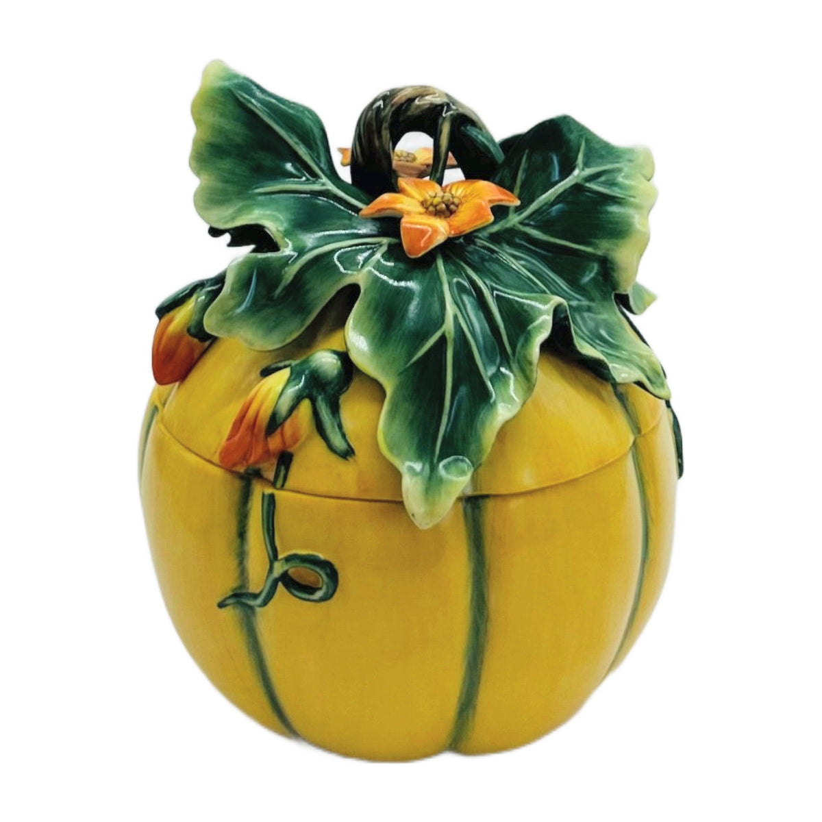 Hand-Painted Porcelain Pumpkin Covered Jar with Sculpted Leaves & Blossoms