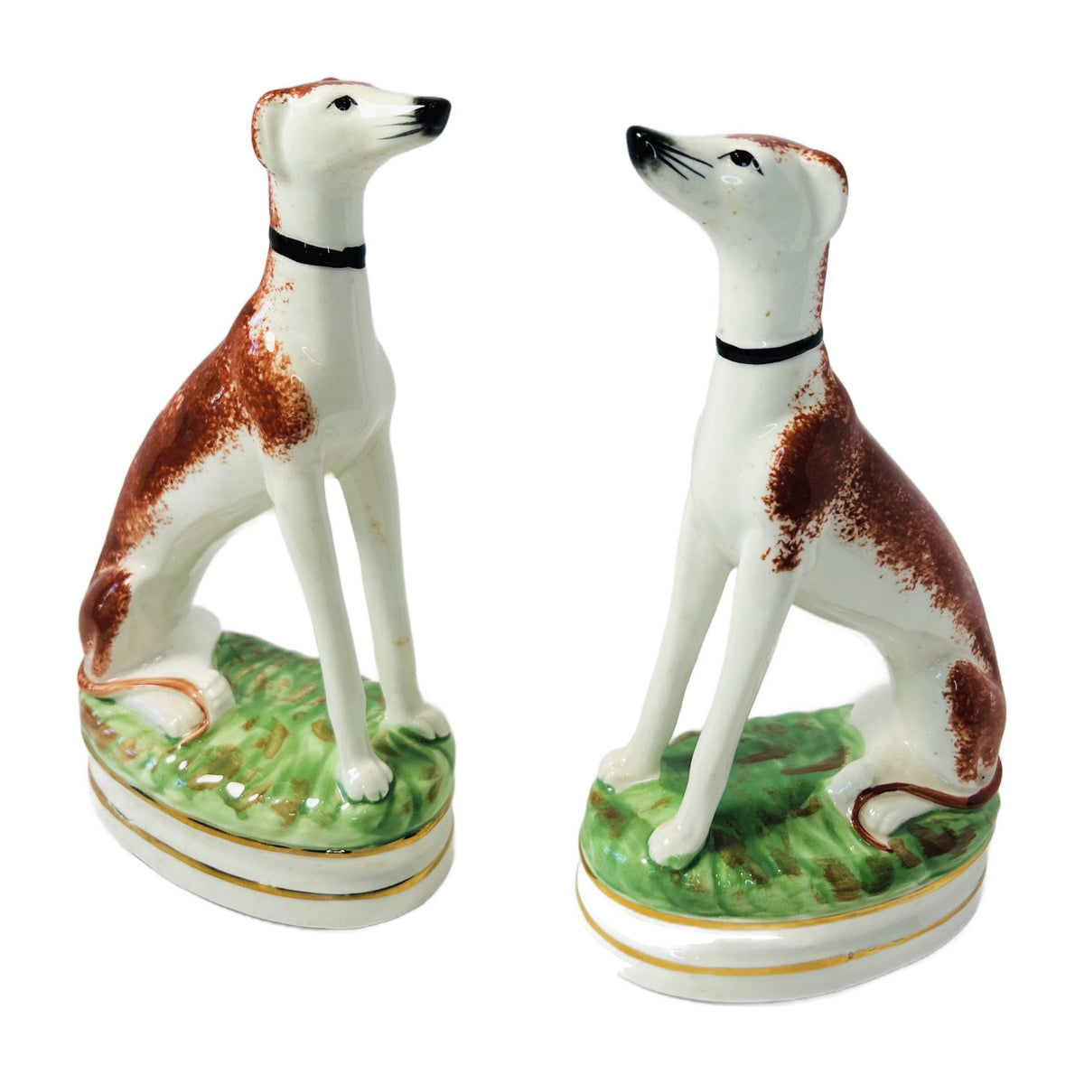 H1 - Pair of Staffordshire Style Whippet Figures – Seated Greyhound Dogs on Grassy Bases