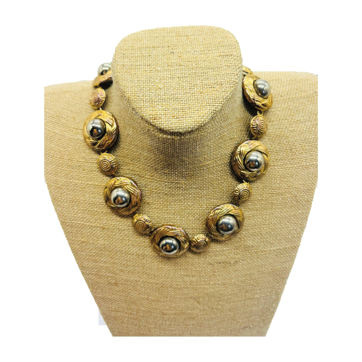 Vintage Two-Tone Gold & Silver Dome Link Collar Necklace – Woven Texture Statement