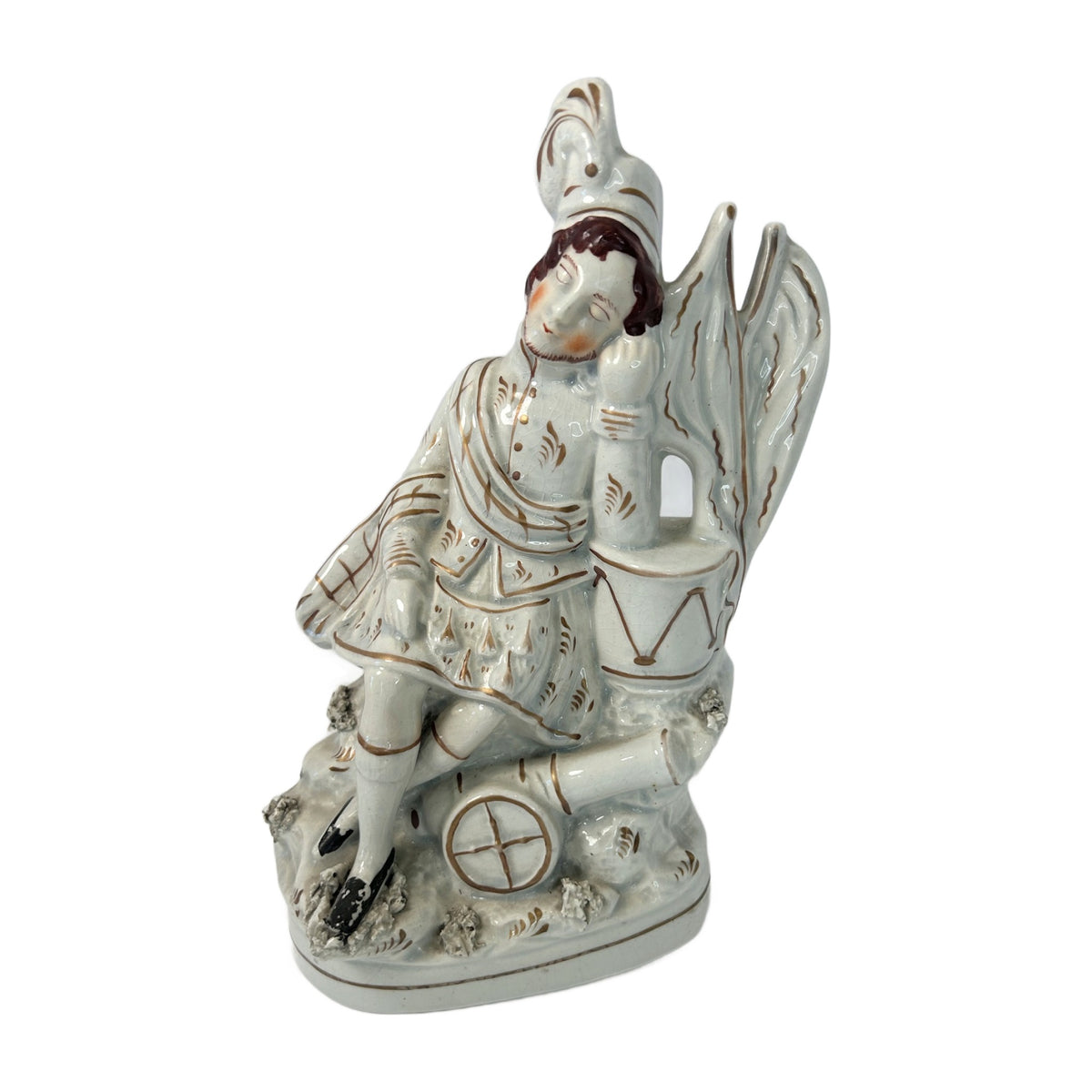 H48 - Antique Victorian Staffordshire Figure – Sleeping Highlander Soldier with Drum & Cannon