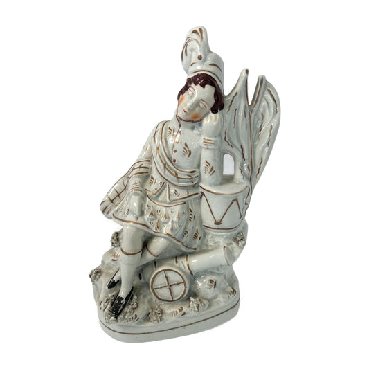 H48 - Antique Victorian Staffordshire Figure – Sleeping Highlander Soldier with Drum & Cannon