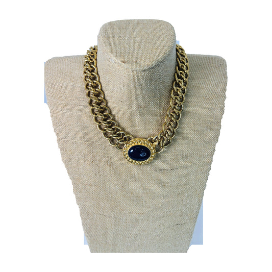 H26 - Vintage Gold-Tone Double Curb Chain Necklace with Sapphire Blue Cabochon Pendant - Monet