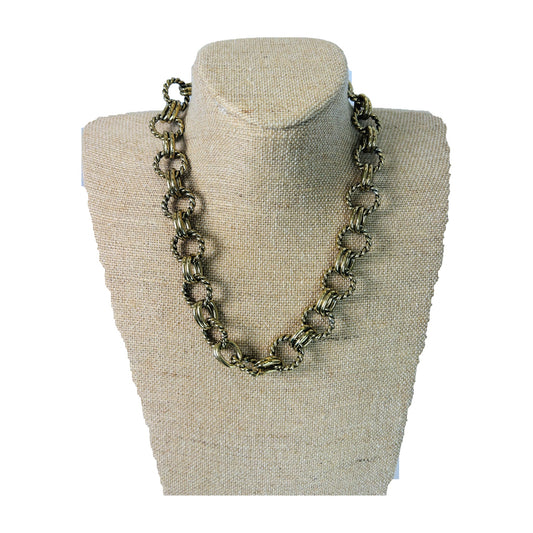 H27 - Vintage Antiqued Gold-Tone Textured Round Link Chain Necklace