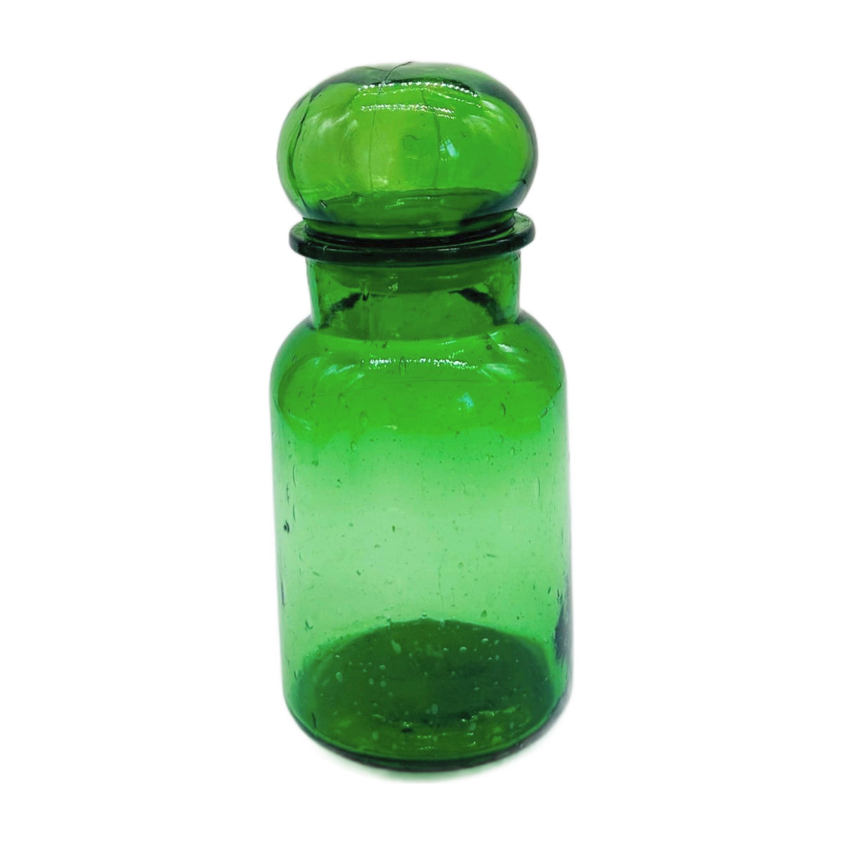 Vintage Emerald Green Glass Apothecary Jar with Bubble Lid – Belgian-Style Canister