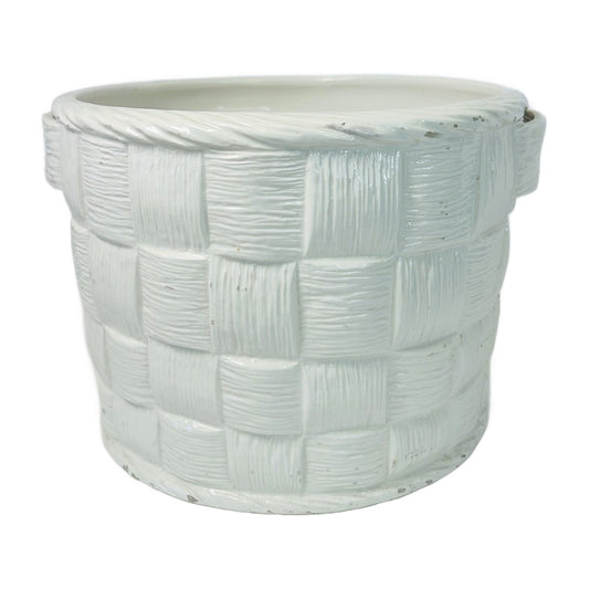 H46 - White Basketweave Ceramic Cachepot – Glazed Woven Basket Planter, Italian Style