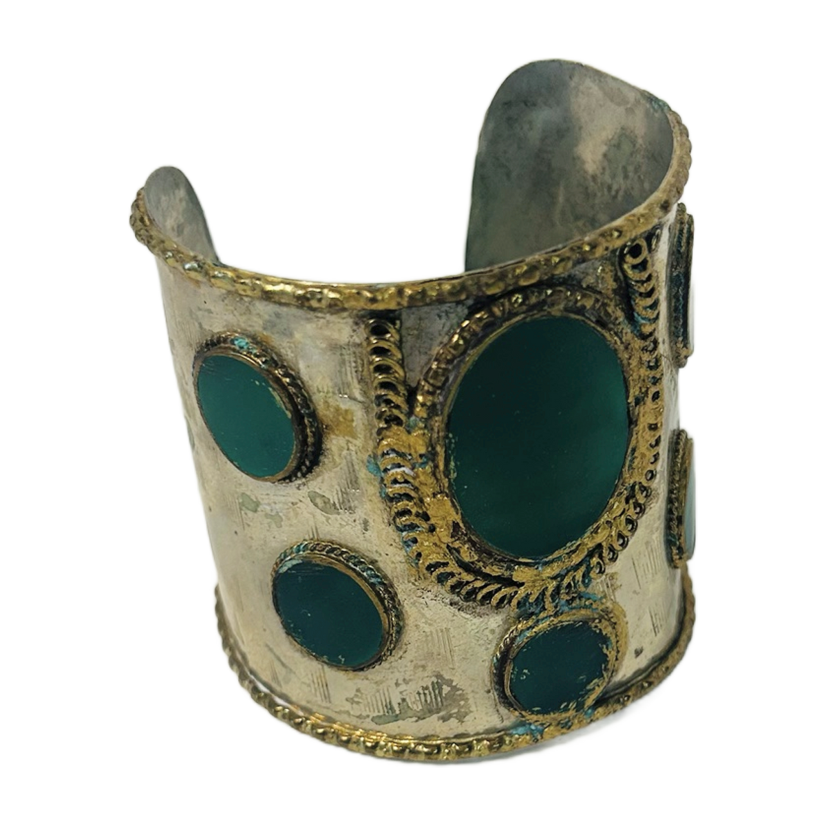 H55 - Wide Silver & Brass Cuff Bracelet with Green Stones – Bohemian Statement Cuff