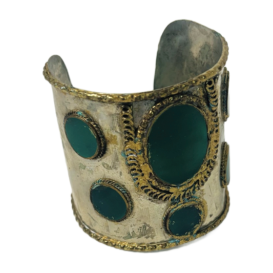 H55 - Wide Silver & Brass Cuff Bracelet with Green Stones – Bohemian Statement Cuff